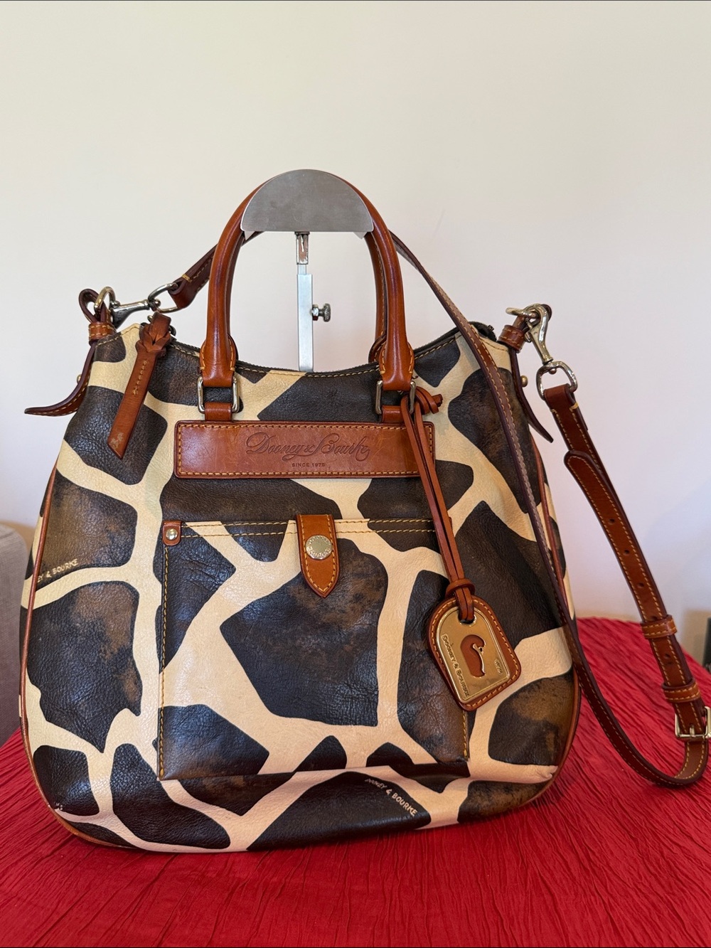 Dooney & Bourke Brown and Cream Giraffe-Print Leather Shoulder Bag